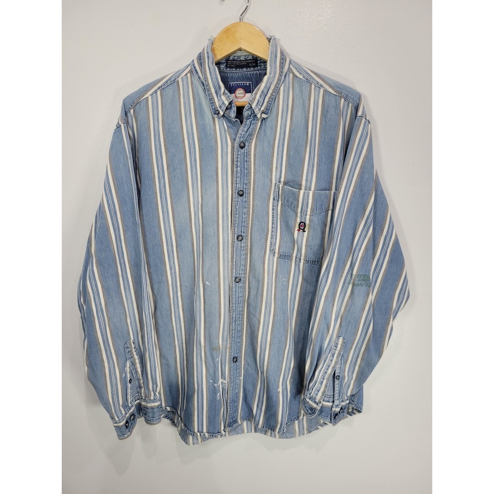 Coliseum Mens Vintage Distressed Striped Denim Button Down Shirt Blue XL